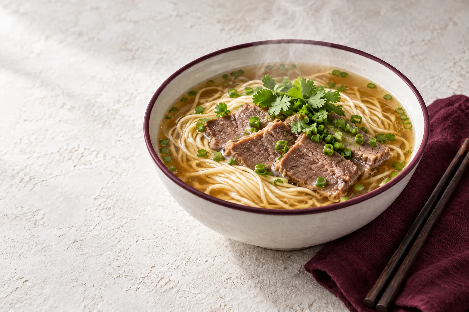 Un bol de soupe de nouilles au bœuf, garni de coriandre